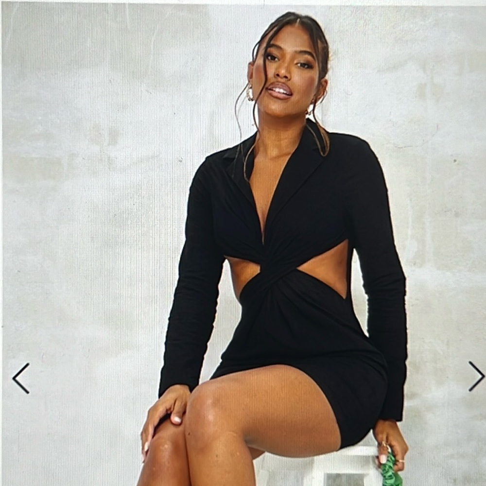Black Textured Cut Out Twist Detail Blazer Dress